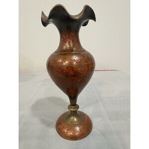 Vintage Brass & Red Glass Vase Made in India Etched Floral Boho Decor
